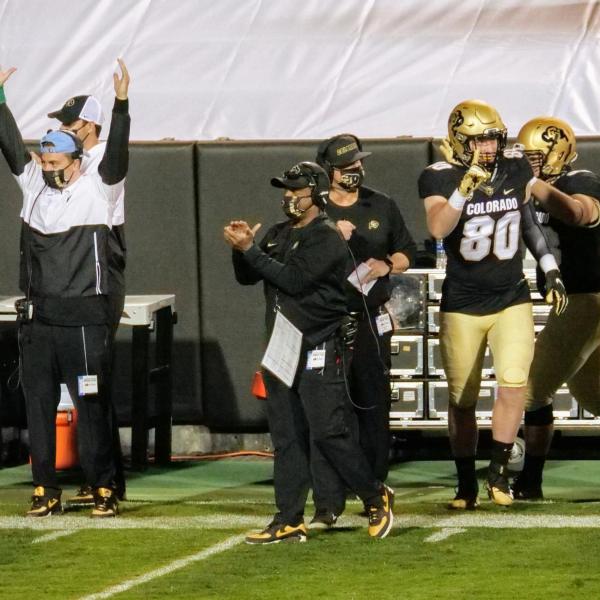 Colorado’s football team celebrates a first-half touchdown against UCLA on Saturday, Nov. 7, 2020. (Photo by Glenn Asakawa/University of Colorado)