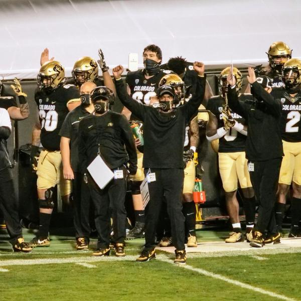 Colorado’s football team celebrates a first-half touchdown against UCLA on Saturday, Nov. 7, 2020. (Photo by Glenn Asakawa/University of Colorado)