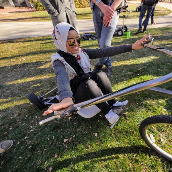 Fatin Nasser, an international student from Malaysia, looks cool in the driver's seat of her team's drill-powered vehicle, aptly called the Dyno Mighty!