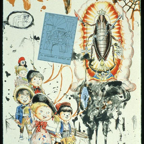 Manuel Ocampo, Filipino (b. 1965), The Compensatory Motif in the Libidinal Economy of a Painter’s Bad Inconscience, 2001, Patron’s Impression 4/4, lithograph and chine colle, 30 x 22 inches, Gift of funds from Polly and Mark Addison to the Polly and Mark Addison Collection, 2003.28, Image courtesy Shark’s Ink, © Manual Ocamop / Gallery Paule Anglim