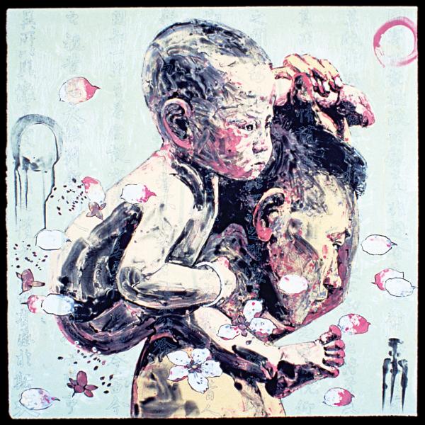 Hung Liu, Chinese (b. 1948), Carrying, 2003, from the series “Crossing the River”, Patron’s Impression 3/4, lithograph and collage, 30 x 20 inches, Gift of the Artist and Shark’s Ink., Gift of funds from Polly and Mark Addison to the Polly and Mark Addison Collection, 2003.32, © Hung Liu