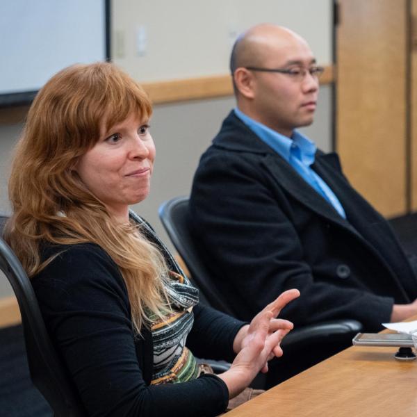 Speakers Karen Crouch, left, and Shing Kit, faculty in the International English Center, lead a session titled Creating Pathways in Higher Education for English Language Learners. Photo by Glenn Asakawa.