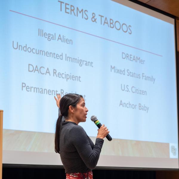 Violeta Chapin, associate clinical professor of law, speaks at a session titled UndocuAlly: Support & Inclusivity for Undocumented Students. Photo by Glenn Asakawa.