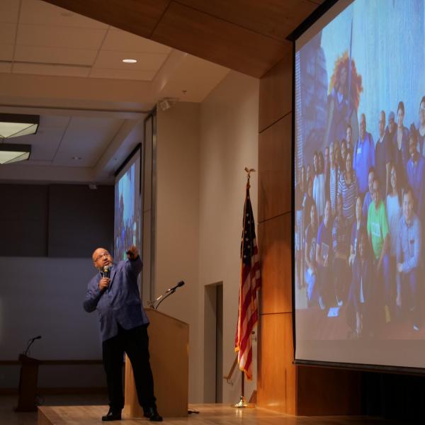 Dr. Christopher Bell delivers the keynote address for the 2019 Fall Diversity Summit. (Photo by Glenn Asakawa/University of Colorado)
