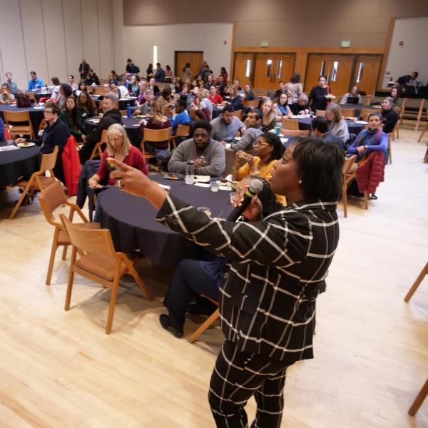 Dyonne Bergeron, CU Boulder assistant vice chancellor for inclusion and student achievement, speaks at the 2019 Fall Diversity Summit. (Photo by Glenn Asakawa/University of Colorado)
