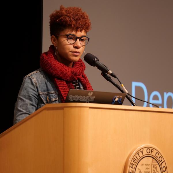 Olivia Gardner, director of diversity and inclusion for CU Student Government, speaks at the 2019 Fall Diversity Summit. (Photo by Glenn Asakawa/University of Colorado)