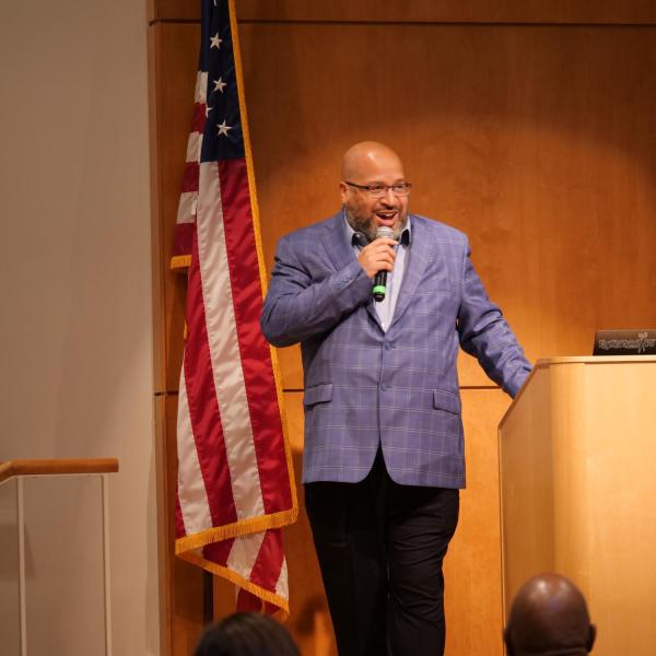 Dr. Christopher Bell delivers the keynote address for the 2019 Fall Diversity Summit. (Photo by Glenn Asakawa/University of Colorado)