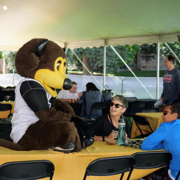 Families converged on the CU Boulder campus for the 2019 Family Weekend festivities, including the outdoor luncheon on the quad with Chip, on Oct. 4, 2019. (Photo by Glenn Asakawa/University of Colorado)