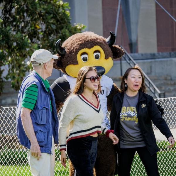 Families converged on the CU Boulder campus for the 2019 Family Weekend festivities, including the outdoor luncheon on the quad with Chip, on Oct. 4, 2019. (Photo by Glenn Asakawa/University of Colorado)