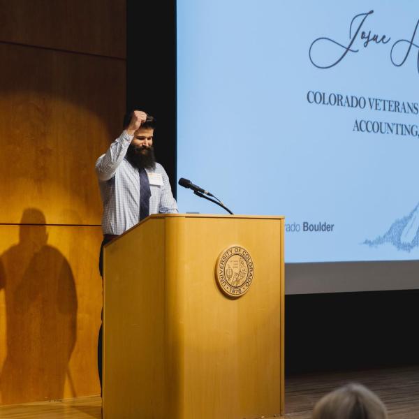 Senior Josue Hernandez talks about his experience as a veteran student at CU Boulder at the Chancellor’s Celebration of Scholarships Luncheon on Jan. 26, 2020. (Photo by Matt Tyrie/CU Boulder)