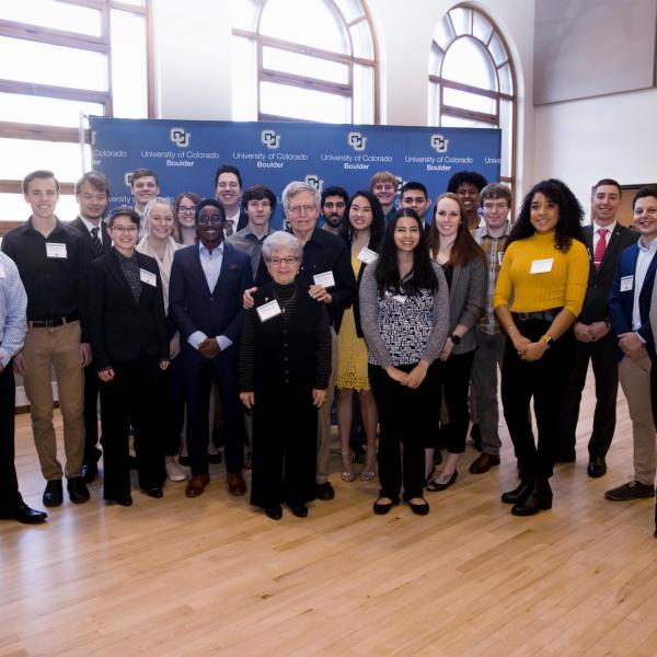 CU donors Terry and Charlotte Quarton with scholarship students at the Chancellor’s Celebration of Scholarships Luncheon on Jan. 26, 2020. (Photo by Matt Tyrie/CU Boulder)