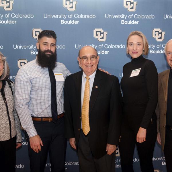 From left, Vice Provost Mary Kraus, senior Josue Hernandez, Chancellor Philip P. DiStefano, alumna Layne Hubbard and donor Bob Schuetze at the Chancellor’s Celebration of Scholarships Luncheon on Jan. 26, 2020. (Photo by Matt Tyrie/CU Boulder)