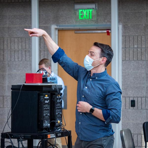 Undergraduate students participate in Associate Professor and CU Director of Bands Donald McKinney's conducting class in the new wing of the College of Music Imig building. (Photo by Glenn Asakawa/University of Colorado)