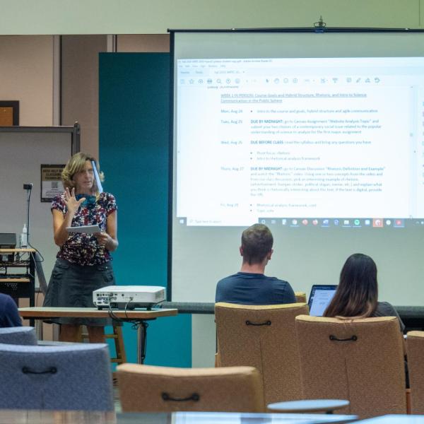The large study area on the second floor of Norlin Library has been converted into safe classroom space for the 2020 Fall semester on the CU Boulder Campus. (Photo by Glenn Asakawa/University of Colorado)