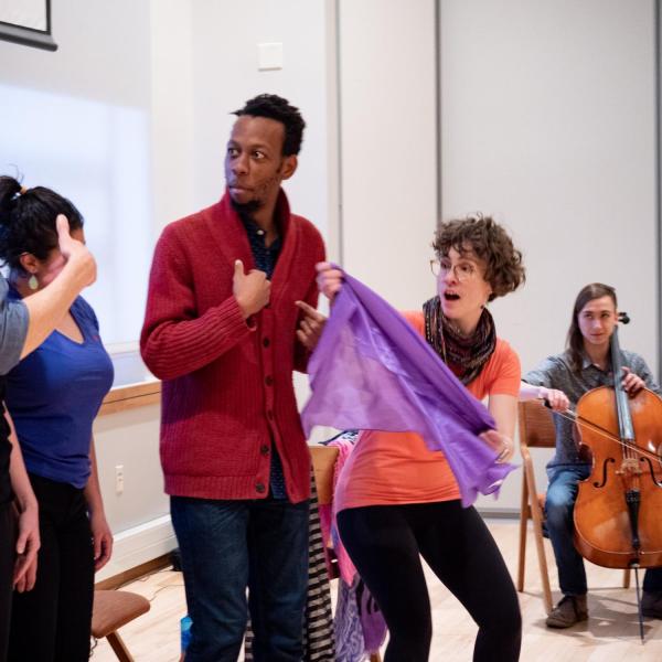Members of the CU Playback Theatre Ensemble perform during a session titled “Playing with Intention: Workshop & Performance” at the CU Boulder 2020 Spring Diversity Summit. (Photo by Glenn Asakawa/University of Colorado)