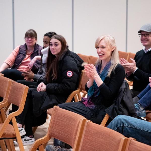Audience and participants applaud members of the CU Playback Theatre Ensemble during a session titled “Playing with Intention: Workshop & Performance” at the CU Boulder 2020 Spring Diversity Summit. (Photo by Glenn Asakawa/University of Colorado)
