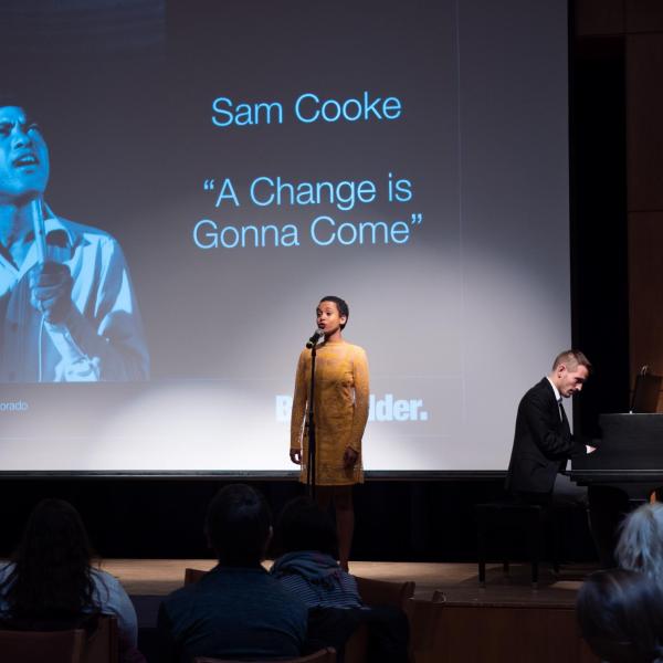 CU Boulder College of Music students Asha Romero and Lennart Triescchin perform the Sam Cooke song “A Change is Gonna Come” during the CU Boulder 2020 Spring Diversity Summit. (Photo by Glenn Asakawa/University of Colorado)