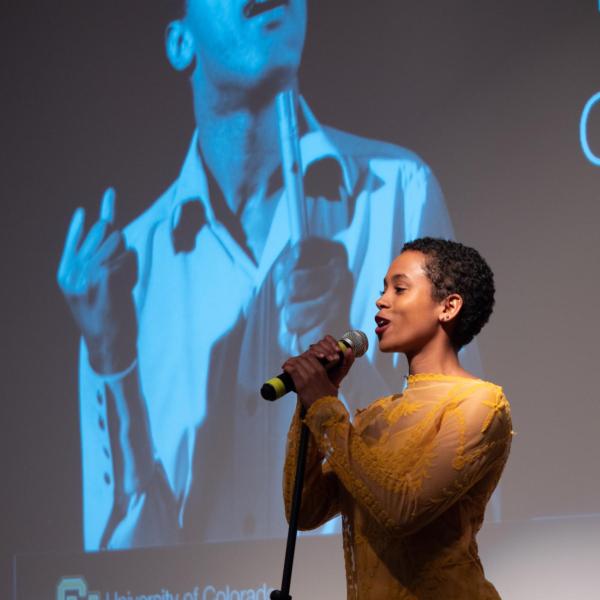 CU Boulder College of Music students Asha Romero and Lennart Triescchin perform the Sam Cooke song “A Change is Gonna Come” during the CU Boulder 2020 Spring Diversity Summit. (Photo by Glenn Asakawa/University of Colorado)