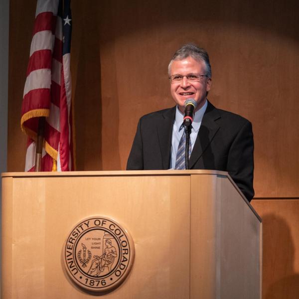 David Aragon, assistant vice chancellor for Diversity, Learning and Student Success in the Office of Diversity, Equity and Community Engagement, emcees the CU Boulder 2020 Spring Diversity Summit. (Photo by Glenn Asakawa/University of Colorado)