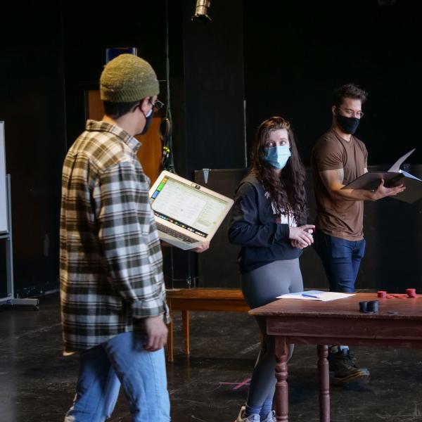 Students practice their lines and positions in Bud Coleman’s acting class in the University Theater building during the first week of in-person instruction in the 2021 Spring semester. (Photo by Glenn Asakawa/University of Colorado)