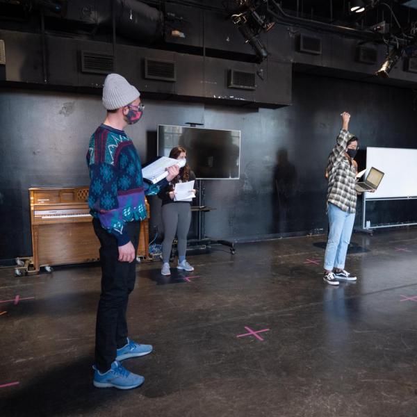 Students practice their lines and positions in Bud Coleman’s acting class in the University Theater building during the first week of in-person instruction in the 2021 Spring semester. (Photo by Glenn Asakawa/University of Colorado)