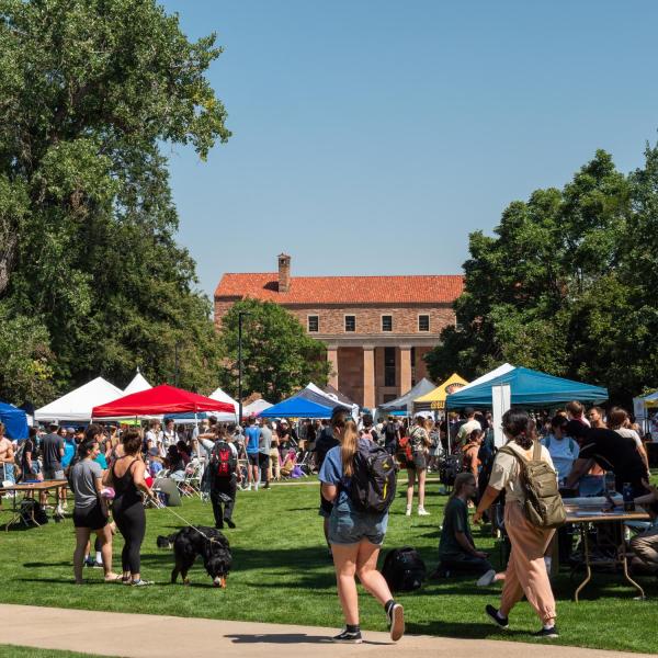 Students explore what CU Boulder has to offer at the 2021 Be Involved Fair in the Norlin Quad. (Photo by Patrick Campbell/University of Colorado)