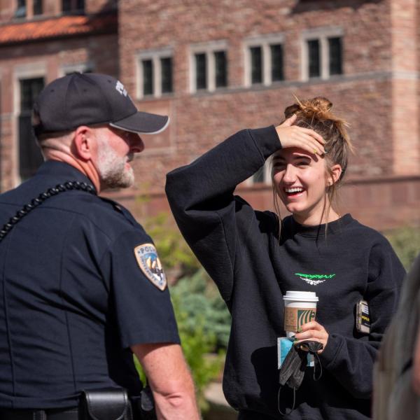 Students meet with CUPD officers during the semester's first Coffee with a Cop event. (Photo by Patrick Campbell/University of Colorado)