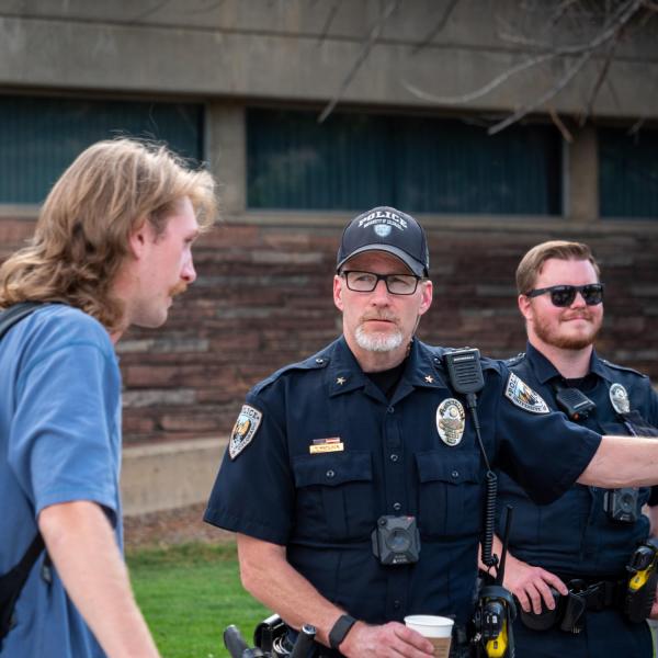 Students meet with CUPD officers during the semester's first Coffee with a Cop event. (Photo by Patrick Campbell/University of Colorado)