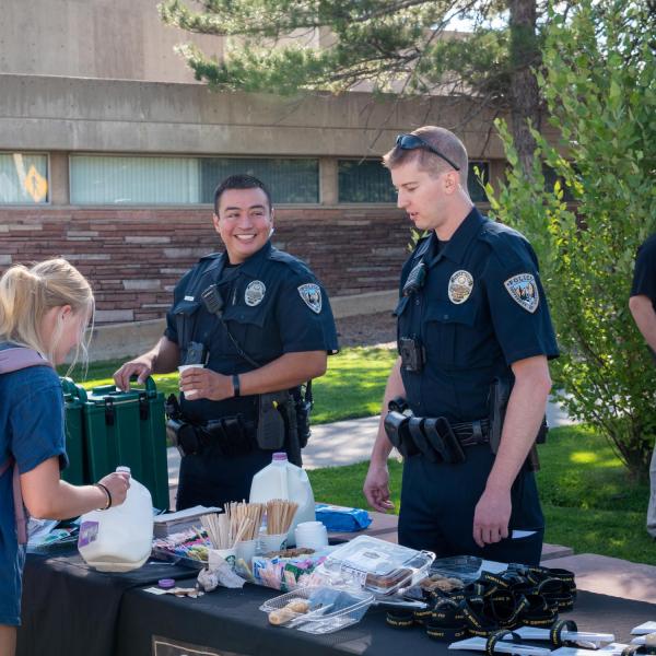 Students meet with CUPD officers during the semester's first Coffee with a Cop event. (Photo by Patrick Campbell/University of Colorado)