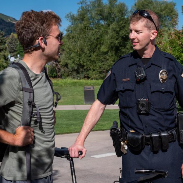 Students meet with CUPD officers during the semester's first Coffee with a Cop event. (Photo by Patrick Campbell/University of Colorado)