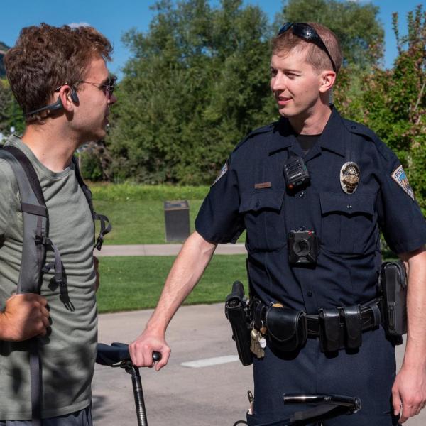 Students meet with CUPD officers during the semester's first Coffee with a Cop event. (Photo by Patrick Campbell/University of Colorado)