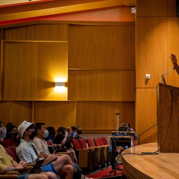 Students participate in a class discussion in Grusin Music Hall on the first day of classes for CU Boulder's fall 2021 semester. (Photo by Patrick Campbell/University of Colorado)