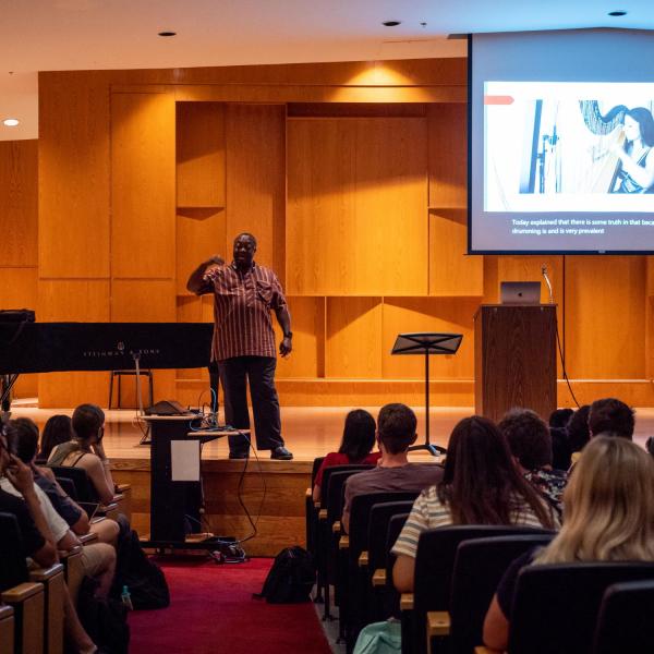 Students participate in a class discussion in Grusin Music Hall on the first day of classes for CU Boulder's fall 2021 semester. (Photo by Patrick Campbell/University of Colorado)