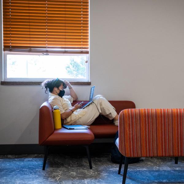 Students study on the first day of classes for CU Boulder's fall 2021 semester. (Photo by Patrick Campbell/University of Colorado)