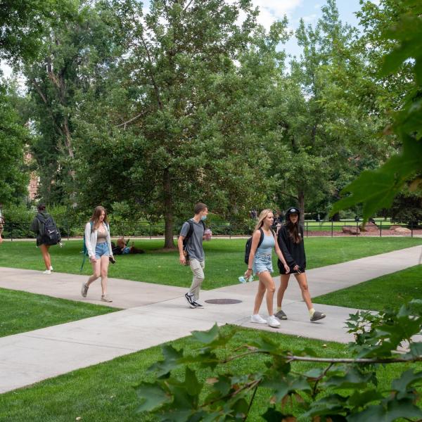 Students make their way to class on the first day of classes for CU Boulder's fall 2021 semester. (Photo by Patrick Campbell/University of Colorado)