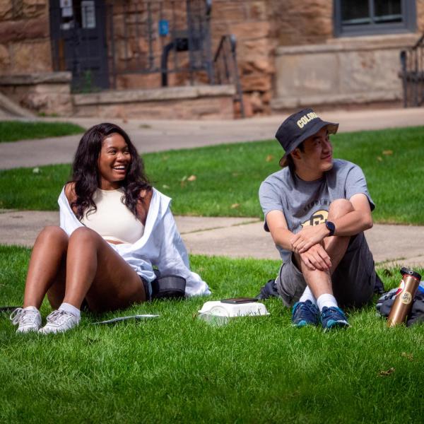 Students enjoy class outside on the first day of classes for CU Boulder's fall 2021 semester. (Photo by Patrick Campbell/University of Colorado)