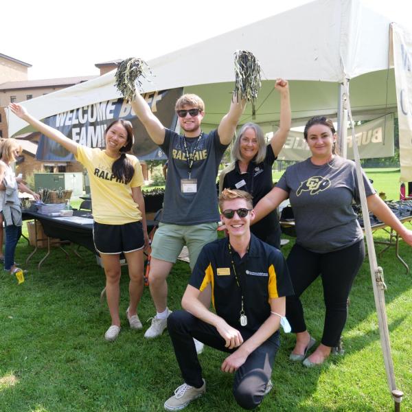 First-year students, parents, staff and volunteers welcome each other back on the CU Boulder campus in the Williams Village Complex on Monday, Aug.16, 2021. (Photo by Glenn Asakawa/University of Colorado)