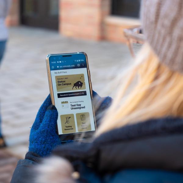 The new Buff Pass website on a phone, where students and staff check in daily to report their health. (Photo by Glenn Asakawa/University of Colorado)