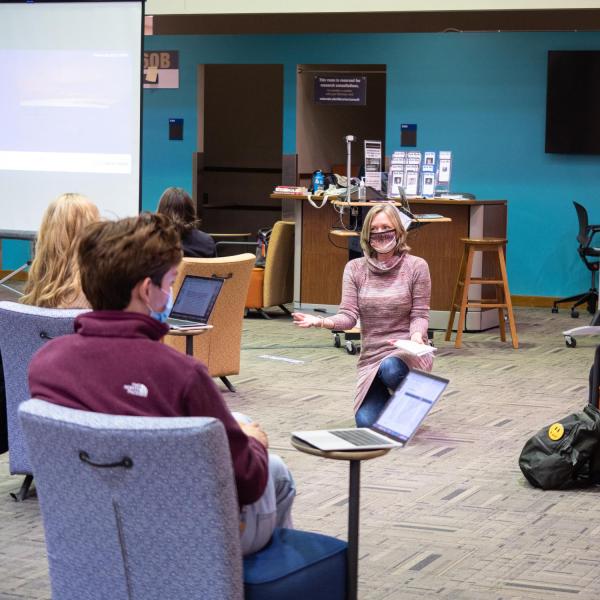 Students wear masks and stay socially distanced during a class at the Norlin Library during the first week of in-person instruction in the 2021 Spring semester. (Photo by Glenn Asakawa/University of Colorado)