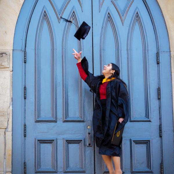 Graduates and families celebrating 2021 winter conferral. Photo by Patrick Campbell.