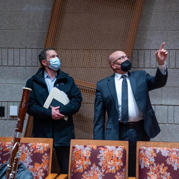CU President Todd Saliman takes a tour of the new music building addition with Dean John Davis.