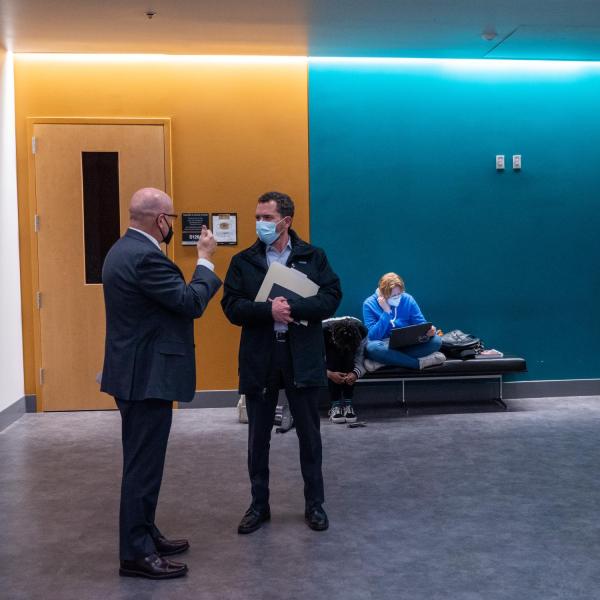 CU President Todd Saliman takes a tour of the new music building addition with Dean John Davis.