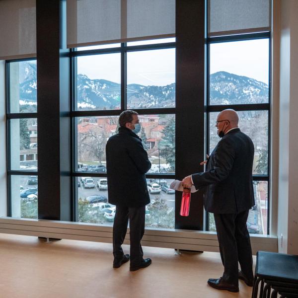 CU President Todd Saliman takes a tour of the new music building addition with Dean John Davis.