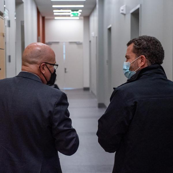 CU President Todd Saliman takes a tour of the new music building addition with Dean John Davis.