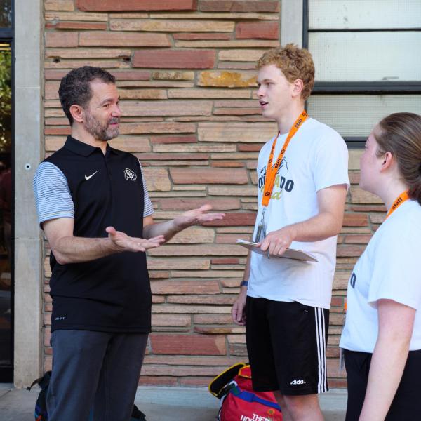 CU system President Todd Saliman greets new students and families during move-in