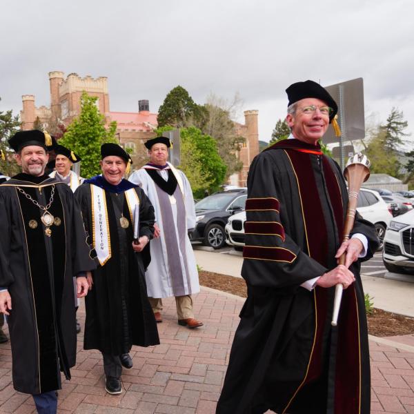 Commencement Marshal Bud Coleman, CU President Todd Saliman and Chancellor Philip DiStefano