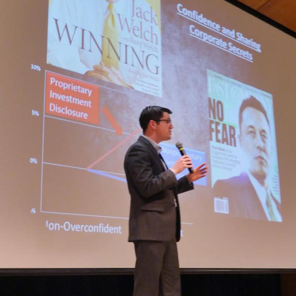 Caleb Rawson gives his speech at the Three Minute Thesis Competition. Photo by Casey A. Cass.