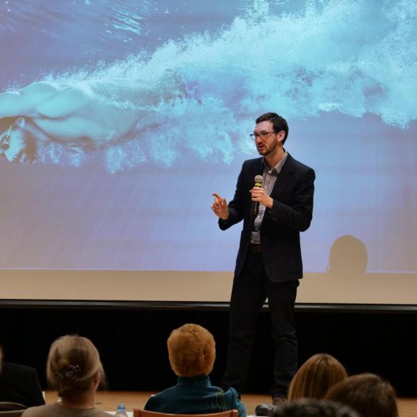 Javier Orjuela-Koop gives his people's choice award-winning speech at the Three Minute Thesis Competition. Photo by Casey A. Cass.