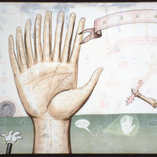 Enrique Chagoya, American (b. 1953), Hand of Power, 1997, CU Impression, lithograph and woodcut, 25 x 37 inches, Gift of the Artist and Shark’s Ink., 97.02, © Enrique Chagoya