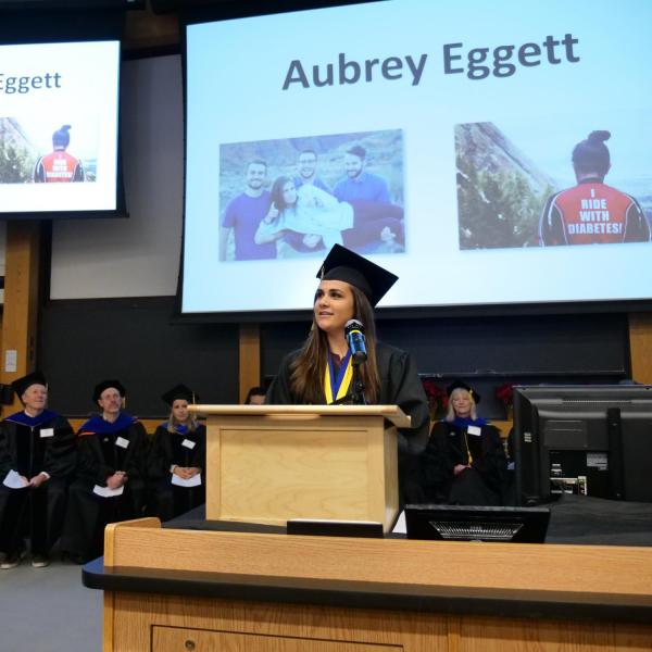 Aubrey Egget gives address at Integrative Physiology ceremony